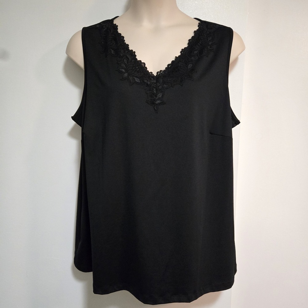 Catherines Plus Size 2X 22/24W Black Sleeveless Tank Top Shirt Lace Trim